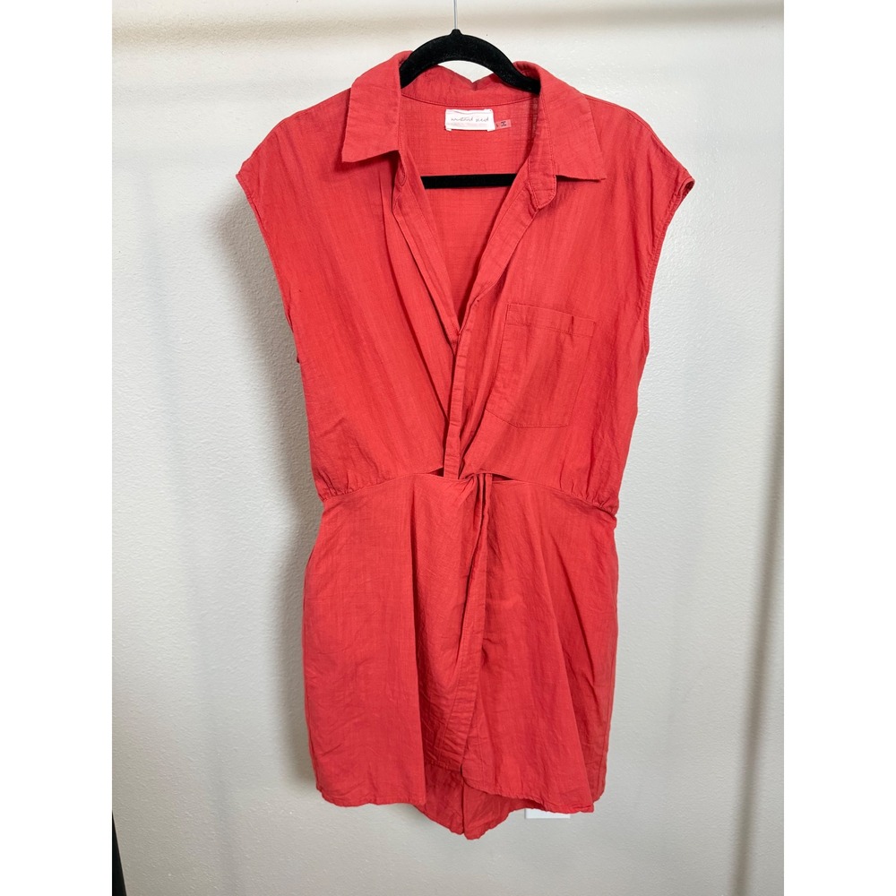 Mustard Seed Coral Red Twist Front Sleeveless Collared Romper Large